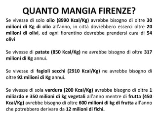 QUANTO MANGIA FIRENZE?
Se vivesse di solo olio (8990 Kcal/Kg) avrebbe bisogno di oltre 30
milioni di Kg di olio all’anno, in città dovrebbero esserci oltre 20
milioni di olivi, ed ogni fiorentino dovrebbe prendersi cura di 54
olivi

Se vivesse di patate (850 Kcal/Kg) ne avrebbe bisogno di oltre 317
milioni di Kg annui.

Se vivesse di fagioli secchi (2910 Kcal/Kg) ne avrebbe bisogno di
oltre 92 milioni di Kg annui.

Se vivesse di sola verdura (200 Kcal/Kg) avrebbe bisogno di oltre 1
miliardo e 350 milioni di kg vegetali all’anno mentre di frutta (450
Kcal/Kg) avrebbe bisogno di oltre 600 milioni di kg di frutta all’anno
che potrebbero derivare da 12 milioni di fichi.
 