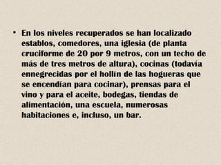 En los niveles recuperados se han localizado establos, comedores, una iglesia (de planta cruciforme de 20 por 9 metros, con un techo de más de tres metros de altura), cocinas (todavía ennegrecidas por el hollín de las hogueras que se encendían para cocinar), prensas para el vino y para el aceite, bodegas, tiendas de alimentación, una escuela, numerosas habitaciones e, incluso, un bar. 