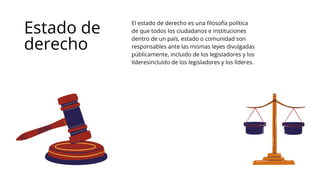 El estado de derecho es una filosofía política
de que todos los ciudadanos e instituciones
dentro de un país, estado o comunidad son
responsables ante las mismas leyes divulgadas
públicamente, incluido de los legisladores y los
líderesincluído de los legisladores y los líderes.
Estado de
derecho
 