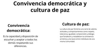 Convivencia democrática y
cultura de paz
La cultura de paz fomenta una serie de valores,
actitudes y comportamientos como respeto,
tolerancia, igualdad, comprensión y diálogo;
que fortalecen y restablecen la convivencia
armónica y los lazos entre individuos de una
misma comunidad.
Convivencia
democrática:
Es la capacidad y disposición de
escuchar y aceptar a todos los
demás respetando sus
diferencias.
Cultura de paz:
 