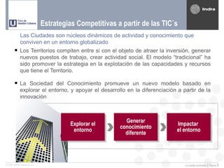 Estrategias Competitivas a partir de las TIC´s
             Las Ciudades son núcleos dinámicos de actividad y conocimiento que
             conviven en un entorno globalizado
            Los Territorios compiten entre si con el objeto de atraer la inversión, generar
             nuevos puestos de trabajo, crear actividad social. El modelo “tradicional” ha
             sido promover la estrategia en la explotación de las capacidades y recursos
             que tiene el Territorio.

            La Sociedad del Conocimiento promueve un nuevo modelo basado en
             explorar el entorno, y apoyar el desarrollo en la diferenciación a partir de la
             innovación



                                                          Generar
                                        Explorar el                           Impactar
                                                        conocimiento
                                         entorno                              el entorno
                                                          diferente




© 2005 INDRA Sistemas, S.A.                                                      La ciudad conectada | Página   3
 
