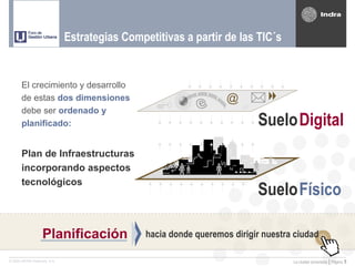 Estrategias Competitivas a partir de las TIC´s


       El crecimiento y desarrollo
       de estas dos dimensiones                                    @
       debe ser ordenado y
       planificado:                                                       Suelo Digital
       Plan de Infraestructuras
       incorporando aspectos
       tecnológicos
                                                                          Suelo Físico

                   Planificación               hacia donde queremos dirigir nuestra ciudad

© 2005 INDRA Sistemas, S.A.                                                        La ciudad conectada | Página   5
 