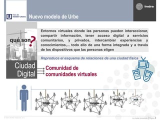 Nuevo modelo de Urbe

                                  Entornos virtuales donde las personas pueden interaccionar,
                                  compartir información, tener acceso digital a servicios
       qué son                ¿   comunitarios, y privados, intercambiar experiencias y
                                  conocimientos,... todo ello de una forma integrada y a través
                                  de los dispositivos que las personas eligen

                                  Reproduce el esquema de relaciones de una ciudad física

             Ciudad                  Comunidad de
              Digital                comunidades virtuales



                                                ocio
                                                                          servicios    ...
                                   trabajo                   compras




© 2005 INDRA Sistemas, S.A.                                                           La ciudad conectada | Página   8
 