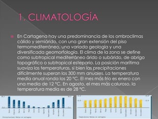    En Cartagena hay una predominancia de los ombroclimas
    cálido y semiárido, con una gran extensión del piso
    termomediterráneo, una variada geología y una
    diversificada geomorfología. El clima de la zona se define
    como subtropical mediterráneo árido o subárido, de abrigo
    topográfico o subtropical estepario. La posición marítima
    suaviza las temperaturas, si bien las precipitaciones
    difícilmente superan los 300 mm anuales. La temperatura
    media anual ronda los 20 °C. El mes más frío es enero con
    una media de 12 °C. En agosto, el mes más caluroso, la
    temperatura media es de 28 °C.
 