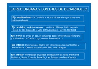 LA RED URBANA Y LOS EJES DE DESARROLLO
Eje mediterráneo: De Cataluña a Murcia. Posee el mayor numero de
núcleos urbanos.

Eje andaluz, se divide en dos: Uno litoral ( Málaga, Cádiz, Almería,
Huelva ) y otro siguiendo el Valle del Guadalquivir ( Sevilla, Córdoba)

Eje norte: se divide en dos, el cantábrico desde Oviedo hasta Pamplona
y el atlántico ( La Coruña, Lugo, orense, Pontevedra…)

Eje interior: Dominado por Madrid con influencia en las dos Castillas y
Extremadura. Destaca el corredor del Ebro con Zaragoza

Eje insular: Principales ciudades situadas en las islas: Palma de
Mallorca, Santa Cruz de Tenerife, Las Palmas de Gran Canaria

 