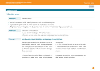 14 
AURKIBIDEA 
Mugikortasun seguru eta jasangarriaren unitate didaktikoa: 
Lehen Hezkuntzako bigarren zikloa Haurren hiria 
DIAGNOSTIKOA 
3. Eskolako sarrera 
Eskolako sarrera 
Eskolako sarrera behatzea. 
Joan-etorrietarako ditugun ohiturez hausnartzea. 
Eskolako sarreran nabari diren segurtasun eta jasangarritasun arazoak aztertzea. 
• Eskola curriculumeko arloak: Natura, gizarte eta kultura ingurunearen ezaguera. 
• Agenda 21eko gaiak: Eskola eta herria - Garraio eta mugikortasun jasangarria. 
• Mugikortasun segururako gaitasunak: Zaurgarritasunaren eta arriskuaren kontzientzia - Ingurunearen azterketa. 
Helburuak: 
Nola egin: HEZITZAILEARENTZAKO SARRERAKO INFORMAZIOAK ETA KONTZEPTUAK: 
Joan-etorrietan ditugun ohiturei behatzeko toki ona da. 
Harrapatutako oinezkoak trafiko istripuen estatistike-tako 
parte garrantzitsu eta kezkagarri bat dira. Eusko 
Jaurlaritzaren 2012ko Trafikoko Txosten Monogra-fikoan 
jaso denez: 
- Euskadin trafiko istripuetan hildako 100 lagunetik 19 
oinezkoak dira, ibilian edota kaleak nahiz errepideak 
zeharkatzean. 
- 2012an, 11 oinezko hil ziren, eta 90 larri zauritu ziren. 
- Automobilek harrapatuta hildakoen ia erdiak kalea 
edo bidea behar ez bezala erabiltzen edo zeharkatzen 
ari ziren. 
Premiazkoa da oinezkoen ohitura eta jokabideen gai-nean 
jardutea, harrapa ez ditzaten. 
Izenburua: 
 