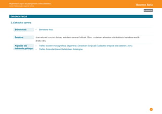 16 
AURKIBIDEA 
Mugikortasun seguru eta jasangarriaren unitate didaktikoa: 
Lehen Hezkuntzako bigarren zikloa Haurren hiria 
Eranskinak: 
Argibide eta 
baliabide gehiago: 
- Trafiko txosten monografikoa. Bigarrena: Oinezkoen istripuak Euskadiko errepide eta kaleetan. 2013. 
- Trafiko Zuzendaritzaren Baliabideen Katalogoa. 
Emaitza: Joan-etorriei buruzko datuak, eskolako sarreran bilduak. Gero, ondorioen ariketetan eta ebaluazio karteletan erabili 
ahalko dira. 
DIAGNOSTIKOA 
3. Eskolako sarrera 
- Behaketa fitxa. 
 