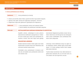 26 
AURKIBIDEA 
Mugikortasun seguru eta jasangarriaren unitate didaktikoa: 
Lehen Hezkuntzako bigarren zikloa Haurren hiria 
EKINTZA PLANA 
4. Autoa partekatzea (car sharing) 
Autoa partekatzea (car sharing) 
Autoa partekatzeko zerbitzu bat kudeatzen ikastea. 
Garraio kolektibo eta partekatuaren abantailak ezagutzea. 
• Eskola curriculumeko arloak: Natura, gizarte eta kultura ingurunearen ezaguera. 
• Agenda 21eko gaiak: Garraio eta mugikortasun jasangarria - Ekonomia. 
• Mugikortasun segururako gaitasunak: Egokitzapena eta malgutasuna. 
Izenburua: 
Helburuak: 
Nola egin: HEZITZAILEARENTZAKO SARRERAKO INFORMAZIOAK ETA KONTZEPTUAK: 
Aspaldiko urteotan, eztabaidagai da autoa pertsona 
bakarrarentzat erabiltzearen jasangarritasuna. Eztabai-da 
horren emaitza gisa, badira autoa partekatzeko jar-dunbide 
on batzuk, hala nola bi lagun baino gehiago 
daramatzaten ibilgailuentzat gordetako erreiak, bide sa-rietako 
deskontuak, eta helmuga bera edo bateragarria 
duten autoen erabiltzaileek autoa partekatzea bide-ratzen 
duten webguneak. 
Ikasleek bakoitzak eskolara iristeko egiten duen bidea 
besteenarekin konparatu behar dute. Beharbada, bide 
zati batzuk berdinak izango dituzte. 
Hezitzaileak autoa partekatzearen kontzeptua azal-duko 
die, eta ikasleek autoa partekatzeko sistema bat 
sortu beharko dute. 
IKASLEENTZAKO JARDUERAK: 
Lehenengo urratsa taldekatzea izango da: egiten du-ten 
ibilbidearen arabera, taldeak egingo dituzte (ibilbi-dearen 
% 50 baino gehiago berdina duten ikasleak 
talde berean elkartuta). 
Txantiloi batean (eranskinean doa), talde bakoitzak ar-gibide 
batzuk zehaztuko ditu: ea nork duen autoa, ea 
nork bidaiatu nahi duen lagunduta, eta abar. 
 