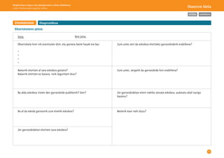 44 
AURKIBIDEA 
Mugikortasun seguru eta jasangarriaren unitate didaktikoa: 
Lehen Hezkuntzako bigarren zikloa Haurren hiria 
Data: 
Elkarrizketa honi nik erantzuten diot, eta gainera beste hauek ere bai: 
• 
• 
• 
• 
Bakarrik etortzen al zara eskolara goizero? 
Bakarrik etortzen ez bazara, nork laguntzen dizu? 
Ba alda eskolara iristen den garraiobide publikorik? Zein? 
Ba al da eskola garraiorik zure etxetik eskolara? 
Zer garraiobidetan etortzen zara eskolara? 
Zure ustez zein da eskolara etortzeko garraiobiderik erabiliena? 
Zure ustez, zergatik da garraiobide hori erabiliena? 
Zer garraiobidetan etorri nahiko zenuke eskolara, aukeratu ahal izango 
bazenu? 
Besterik esan nahi duzu? 
Nire izena: 
ERANSKINAK 
Elkarrizketaren gidoia 
Diagnostikoa 
ATZERA 
 