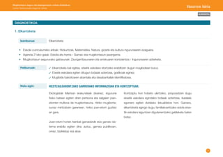 9 
Mugikortasun seguru eta jasangarriaren unitate didaktikoa: 
Lehen Hezkuntzako bigarren zikloa Haurren hiria 
AURKIBIDEA 
DIAGNOSTIKOA 
1. Elkarrizketa 
Elkarrizketa 
Elkarrizketa bat egitea, etxetik eskolara etortzeko erabiltzen dugun mugibideari buruz. 
Etxetik eskolara egiten ditugun bidaiak aztertzea, grafikoak eginez. 
Mugibide bakoitzaren abantaila eta desabantailak identifikatzea. 
• Eskola curriculumeko arloak: Hizkuntzak. Matematika. Natura, gizarte eta kultura ingurunearen ezaguera. 
• Agenda 21eko gaiak: Eskola eta herria - Garraio eta mugikortasun jasangarria. 
• Mugikortasun segururako gaitasunak: Zaurgarritasunaren eta arriskuaren kontzientzia - Ingurunearen azterketa. 
Izenburua: 
Helburuak: 
Nola egin: HEZITZAILEARENTZAKO SARRERAKO INFORMAZIOAK ETA KONTZEPTUAK: 
Ekologistak Martxan erakundeak dioenez, ingurune 
fisiko batean egiten diren pertsona eta salgaien joan-etorrien 
multzoa da mugikortasuna. Hiriko mugikorta-sunaz 
mintzatzen garenean, hiriko joan-etorri guztiez 
ari gara. 
Joan-etorri horiek hainbat garraiobide edo garraio sis-tema 
erabiliz egiten dira: autoz, garraio publikoan, 
oinez, bizikletaz eta abar. 
Kontzeptu hori hobeto ulertzeko, proposatzen dugu 
etxetik eskolara egindako bidaiak aztertzea, ikasleek 
egunero egiten dutelako lekualdatze hori. Gainera, 
elkarrizketa egingo dugu, familiakoentzako edota etxe-tik 
eskolara laguntzen digutenentzako galdeketa baten 
bidez. 
 