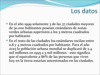 Los datos En el año 1999 solamente 3 de las 37 ciudades mayores de 30.000 habitantes poseían estándares de zonas verdes urbanas superiores a los 5 metros cuadrados por habitante En el resto de las ciudades los estándares oscilan entre 0,8 y 4 metros cuadrados por habitante. Para el año 2025 la población urbana mundial se duplicará de 2.4 mil millones en 1995 a 5 mil millones - esto significa que el equivalente a 86% de las personas que viven hoy en la tierra estarían amontonados en las ciudades. 