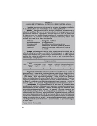 Recuadro 1
ANÁLISIS DE 10 PROGRAMAS DE REDUCCIÓN DE LA POBREZA URBANA

Propósito: examinar de qué manera los atributos del paradigma cualitativo
de la pobreza urbana son internalizados en la práctica profesional.
Método:
transformación de los atributos cualitativos del paradigma en
categorías analíticas. Examen de la documentación de los programas mediante
descripciones selectivas. Entrevistas a personal directivo a cargo de la ejecución
de los programas. Los análisis buscan establecer la consecuencia teórica entre
los programas y el paradigma cualitativo y cómo se entienden y utilizan estos
atributos principales en la práctica profesional.
Atributos
Multidimensionalidad
Heterogeneidad
Participación
Integración

Categorías analíticas
Multisectorialidad
Sensibilidad, condiciones de género
Participación; asociación; poder de decisión
Integración municipal; integración al nivel de
la ciudad

Síntesis: las categorías analíticas están organizadas en una tabla que se
aplica a cada programa. La presencia del atributo/categoría se registra con el
número 1 y la ausencia con 0. Cada tabla fue acompañada por un breve resumen
analítico que explica las calificaciones y las formas en que los atributos fueron
entendidos por cada programa.
Categorías analíticas
Casos

MultiCondiciones Particisectoriade género pación
lidad
1
1
0

Asociación
0

Poder de Integración Integración
decisión municipal
urbana
1

1

0

Programas examinados: Programa de Renovación Urbana del Centro de
Johannesburgo; Programa de Ciudades Seguras para el Gran Johannesburgo;
Programa de Reducción de la Pobreza Urbana, Abidján; ENDA y el Programa de
Ciudad Pikine, Dakar; Aproximación Integral y Global: Proyecto de Desarrollo
Urbano en Addis Ababa; Programa Favela Bairro en Rio de Janeiro; Programa
Integrado y Participativo de Mejoramiento de Barrio, en Mesa los Hornos, Ciudad
de México; Programa Fondo de Inversiones Regionales, Bulgaria; Proceso de
Consulta Urbana en Hyderabad; Programa Poblacional V-III, Hyderabad, India.
Conclusiones: los programas muestran un alto grado de coherencia entre
las prácticas de urbanismo dirigidas a reducir la pobreza urbana y las proposiciones
teóricas relativas a este problema. También muestran algunas diferencias entre
las definiciones ideales de los atributos y la realidad. Todos los programas son
multisectoriales, incluyen formas de participación y de asociación y se integran a
nivel municipal. Por otro lado, aunque todos los programas incluyen iniciativas
para mejorar las condiciones de vida de las mujeres, el tema de género no aparece
incluido como una dimensión común a todos los proyectos e iniciativas; la integración
urbana parece depender del tamaño y la capacidad de las autoridades municipales
y el otorgamiento de poder de decisión a las comunidades no aparece en ninguno
de estos casos.
Fuente: Rolando Ramírez, 2002.

46

 