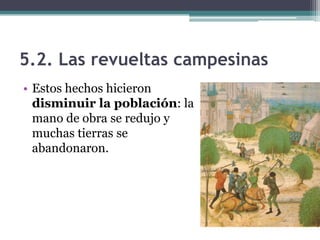 5.2. Las revueltas campesinas
• Estos hechos hicieron
  disminuir la población: la
  mano de obra se redujo y
  muchas tierras se
  abandonaron.
 