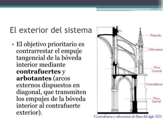 El exterior del sistema constructivo
• El objetivo prioritario es
  contrarrestar el empuje
  tangencial de la bóveda
  interior mediante
  contrafuertes y
  arbotantes (arcos
  externos dispuestos en
  diagonal, que transmiten
  los empujes de la bóveda
  interior al contrafuerte
  exterior).
 