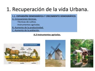 1. Recuperación de la vida Urbana. 1.1. EXPANSIÓN DEMOGRÁFICA Y CRECIMIENTO DEMOGRÁFICO. A.-Innovaciones técnicas. -Técnicas de cultivo. -Instrumentos agrícolas. B.-Aumento de la productividad. C.-Aumento de la población. A.2-Instrumentos agrícolas. 