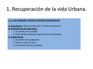 1. Recuperación de la vida Urbana. 1.2. LAS CIUDADES: NUEVOS CENTROS ECONÓMICOS . A.-Excedentes : Mayor producción    sobran productos. B.-Aparición de los Mercados . 1.-Se venden en la ciudad. 2.-Intercambio productos agrícolas por artesanales. C.-Éxodo Rural:  1.-Aumento de la población. 2.-Menos mano de obra. 3.-Crecimiento de las ciudades. 
