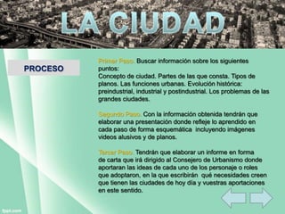 PROCESO
Primer Paso. Buscar información sobre los siguientes
puntos:
Concepto de ciudad. Partes de las que consta. Tipos de
planos. Las funciones urbanas. Evolución histórica:
preindustrial, industrial y postindustrial. Los problemas de las
grandes ciudades.
Segundo Paso. Con la información obtenida tendrán que
elaborar una presentación donde refleje lo aprendido en
cada paso de forma esquemática incluyendo imágenes
videos alusivos y de planos.
Tercer Paso. Tendrán que elaborar un informe en forma
de carta que irá dirigido al Consejero de Urbanismo donde
aportaran las ideas de cada uno de los personaje o roles
que adoptaron, en la que escribirán qué necesidades creen
que tienen las ciudades de hoy día y vuestras aportaciones
en este sentido.
 