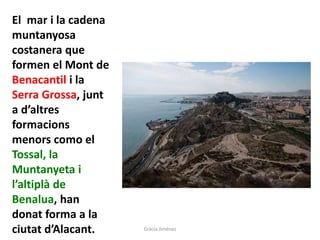 El mar i la cadena
muntanyosa
costanera que
formen el Mont de
Benacantil i la
Serra Grossa, junt
a d’altres
formacions
menors como el
Tossal, la
Muntanyeta i
l’altiplà de
Benalua, han
donat forma a la
ciutat d’Alacant. Gràcia Jiménez
 