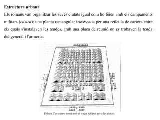 Estructura urbana
Els romans van organitzar les seves ciutats igual com ho feien amb els campaments
militars (castra): una planta rectangular travessada per una retícula de carrers entre
els quals s'instalaven les tendes, amb una plaça de reunió on es trobaven la tenda
del general i l'armeria.




                           Dibuix d'un castra romà amb el traçat adoptat per a les ciutats.
 
