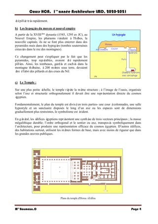 Cours HCA, 1é re
anné e Architecture LMD, 2020-2021
Mme
Boumaza.O Page 4
é
tépillé
e trè
s rapidement.
b) Les hypogé
es du moyen et nouvel empire
A partir de la XVIIIè
me
dynastie (1545, 1295 av JC), au
Nouvel Empire, les pharaons ré
sident à Thé
bes, la
nouvelle capitale, ils ne se font plus enterrer dans des
pyramides mais dans des hypogé
es (tombes souterraines
creusé
es dans le roc des montagnes).
Ce changement peut s'expliquer par le fait que les
pyramides, trop repé
rables, avaient é
té rapidement
pillé
es. Ainsi, les tombeaux, gardé
s et caché
s dans la
montagne thé
baine, à200 mè
tres sous terre, devaient
ê
tre él'abri des pillards et des crues du Nil.
c) Le Temple :
Sur une plus petite é
chelle, le temple ré
pè
te la mê
me structure ; à l’image de l’oasis, organisée
selon l’axe et structurée orthogonalement il devait être une repré
sentation directe du cosmos
é
gyptien.
Fondamentalement, le plan du temple est diviséen trois parties- une cour àcolonnades, une salle
hypostyle et un sanctuaire disposés le long d’un axe ou les espaces sont de dimensions
graduellement plus restreintes, le symbolisme est é
vident.
En gé
né
ral, les é
difices é
gyptiens repré
sentent une synthè
se de trois vecteurs principaux ; la masse
mégalithique durable; l’ordre orthogonal et le sentier ou axe, transposé
s symboliquement dans
l’architecture, pour produire une représentation efficace du cosmos égyptien. D’autres édifices,
des habitations surtout, utilisent les mê
mes formes de base, mais avec moins de rigueur que dans
les grandes œuvres publiques.
Plans du temple d'Horus àEdfou
 