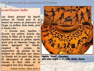 Les Grecs placent les bœufs
autour de l’autel puis ils se
lavent les mains et prennent de
l’orge. Le prêtre, bras levés, prie
à haute voix :
« Ecoute moi, Apollon !
Ecoute ma prière, écarte des
Grecs le fléau de la peste. » Et
Apollon entend sa prière. Après
avoir pris et répandu l’orge, les
Grecs égorgent les bœufs,
coupent les cuisses, les
recouvrent de graisse et les
brûlent en offrande aux dieux.
La fumée est la part des dieux.
Ils découpent le reste de la
viande, la font rôtir et la
mangent lors d’un banquet.
D’après HOMÈRE, Iliade, chant 1
 