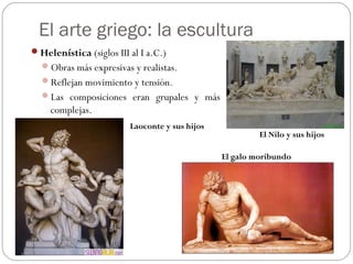El arte griego: la escultura
Helenística (siglos III al I a.C.)
Obras más expresivas y realistas.
Reflejan movimiento y...