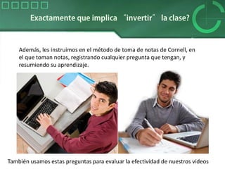 Además, les instruimos en el método de toma de notas de Cornell, en
el que toman notas, registrando cualquier pregunta que tengan, y
resumiendo su aprendizaje.
También usamos estas preguntas para evaluar la efectividad de nuestros videos
 