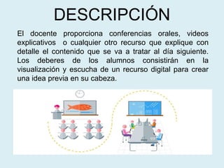 DESCRIPCIÓN
El docente proporciona conferencias orales, videos
explicativos o cualquier otro recurso que explique con
detalle el contenido que se va a tratar al día siguiente.
Los deberes de los alumnos consistirán en la
visualización y escucha de un recurso digital para crear
una idea previa en su cabeza.
 