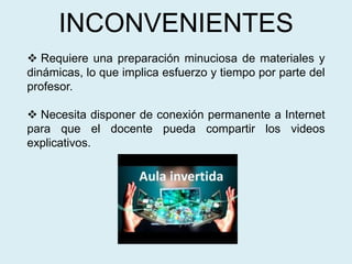 INCONVENIENTES
 Requiere una preparación minuciosa de materiales y
dinámicas, lo que implica esfuerzo y tiempo por parte del
profesor.
 Necesita disponer de conexión permanente a Internet
para que el docente pueda compartir los videos
explicativos.
 