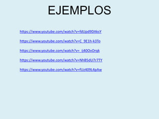 EJEMPLOS
https://www.youtube.com/watch?v=fdUpd9DAksY
https://www.youtube.com/watch?v=C_9E1h-k3To
https://www.youtube.com/watch?v=_ij40OvOrqk
https://www.youtube.com/watch?v=NhB5dU7r7TY
https://www.youtube.com/watch?v=fUz409L4pAw
 