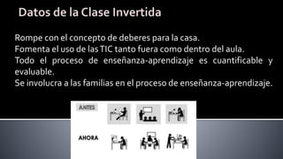 Rompe con el concepto de deberes para la casa.
Fomenta el uso de lasTIC tanto fuera como dentro del aula.
Todo el proceso de enseñanza-aprendizaje es cuantificable y
evaluable.
Se involucra a las familias en el proceso de enseñanza-aprendizaje.
 