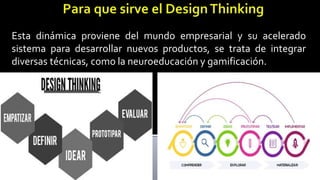 Esta dinámica proviene del mundo empresarial y su acelerado
sistema para desarrollar nuevos productos, se trata de integrar
diversas técnicas, como la neuroeducación y gamificación.
 