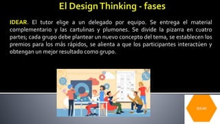 IDEAR. El tutor elige a un delegado por equipo. Se entrega el material
complementario y las cartulinas y plumones. Se divide la pizarra en cuatro
partes; cada grupo debe plantear un nuevo concepto del tema, se establecen los
premios para los más rápidos, se alienta a que los participantes interactúen y
obtengan un mejor resultado como grupo.
 