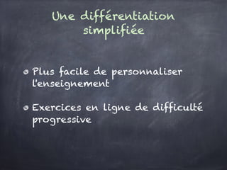 Une différentiation
simplifiée
Plus facile de personnaliser l'enseignement
Exercices en ligne de difficulté progressive
 