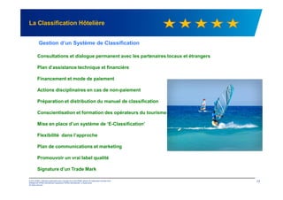 La Classification Hôtelière
Consultations et dialogue permanent avec les partenaires locaux et étrangers
Plan d’assistance technique et financière
Financement et mode de paiement
Actions disciplinaires en cas de non-paiement
Préparation et distribution du manuel de classification
Gestion d’un Système de Classification
© 2012 KPMG, a Mauritius partnership and a member firm of the KPMG network of independent member firms
affiliated with KPMG International Cooperative ("KPMG International"), a Swiss entity.
All rights reserved.
17
Préparation et distribution du manuel de classification
Conscientisation et formation des opérateurs du tourisme
Mise en place d’un système de ‘E-Classification’
Flexibilité dans l’approche
Plan de communications et marketing
Promouvoir un vrai label qualité
Signature d’un Trade Mark
 