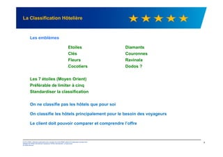 La Classification Hôtelière
Les emblèmes
Etoiles Diamants
Clés Couronnes
Fleurs Ravinala
Cocotiers Dodos ?
Les 7 étoiles (Moyen Orient)
© 2012 KPMG, a Mauritius partnership and a member firm of the KPMG network of independent member firms
affiliated with KPMG International Cooperative ("KPMG International"), a Swiss entity.
All rights reserved.
4
Les 7 étoiles (Moyen Orient)
Préférable de limiter à cinq
Standardiser la classification
On ne classifie pas les hôtels que pour soi
On classifie les hôtels principalement pour le besoin des voyageurs
Le client doit pouvoir comparer et comprendre l’offre
 