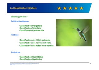 La Classification Hôtelière
Quelle approche ?
Politico-Stratégique
Classification Obligatoire
Classification Volontaire
Classification Commerciale
Pratique
© 2012 KPMG, a Mauritius partnership and a member firm of the KPMG network of independent member firms
affiliated with KPMG International Cooperative ("KPMG International"), a Swiss entity.
All rights reserved.
8
Pratique
Classification des hôtels existants
Classification des nouveaux hôtels
Classification des hôtels hors-normes
Technique
Classification Quantitative
Classification Qualitative
 