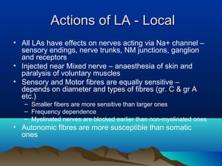 Actions of LA - LocalActions of LA - Local
• All LAs have effects on nerves acting via Na+ channel –
sensory endings, nerve trunks, NM junctions, ganglion
and receptors
• Injected near Mixed nerve – anaesthesia of skin and
paralysis of voluntary muscles
• Sensory and Motor fibres are equally sensitive –
depends on diameter and types of fibres (gr. C & gr A
etc.)
– Smaller fibers are more sensitive than larger ones
– Frequency dependence
– Myelinated nerves are blocked earlier than non-myelinated ones
• Autonomic fibres are more susceptible than somatic
ones
 