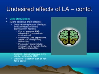 Undesired effects of LA – contd.Undesired effects of LA – contd.
• CNS Stimulation:
• (More sensitive than cardiac)
– Dose-related spectrum of effects
and All effects are due to
depression of neurons
• First an apparent CNS
stimulation (convulsions
most serious)
• Followed by CNS depression
(death due to respiratory
depression)
• Premonitory signs include:
ringing in ears, metallic taste,
numbness around lips
– Cocaine - euphoria (unique in its
ability to stimulate CNS)
– Lidocaine - sedation even at non-
toxic doses
 