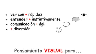 ●
●
●
●

ver con + rápidez
entender + instintívamente
comunicación + ágil
+ diversión

Pensamiento VISUAL para...

 