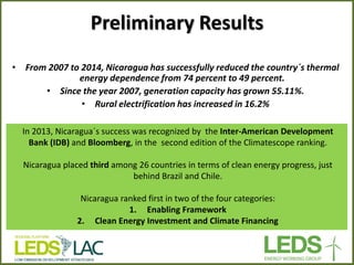 Preliminary Results 
•From 2007 to 2014, Nicaragua has successfully reduced the country´s thermal energy dependence from 74 percent to 49 percent. 
•Since the year 2007, generation capacity has grown 55.11%. 
•Rural electrification has increased in 16.2% 
In 2013, Nicaragua´s success was recognized by the Inter-American Development Bank (IDB) and Bloomberg, in the second edition of the Climatescope ranking. Nicaragua placed third among 26 countries in terms of clean energy progress, just behind Brazil and Chile. Nicaragua ranked first in two of the four categories: 
1.Enabling Framework 
2.Clean Energy Investment and Climate Financing  