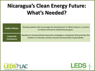 Public Policies 
Develop policies that encourage the development of offset projects or actions to reduce emissions of greenhouse gases. 
Corporate Conscience 
Develop an environmental awareness campaign in companies that promote the creation of voluntary actions around environmental responsibility. 
Nicaragua’s Clean Energy Future: What’s Needed?  