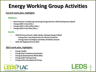 Energy Working Group Activities 
Current work plan, highlights 
Webinars: 
Events: 
•LEDS GP Annual Event, Addis Ababa, Ethiopia (August 2014): 
- Energy Peer Learning Session For African Countries 
- Energy Sector Strategies and Policy Portfolios Session 
•LEDS LAC Regional Forum 2013 
2015 work plan, highlights: 
•Energy Toolkit 
•Energy Data Crowdsourcing Project 
•Energy & Development World Atlas 
•Energy LEDS Training Camp 
•Energy Policy Development Group 
•Best Practices in Gathering and Using Energy Data for LEDS Development (April) 
•Energy LEDS in Asia (Oct.) 
•Energy LEDS in Africa (Nov./Dec.) 
•Energy LEDS in LAC (Nov./Dec.)  