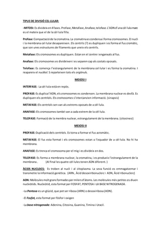 TIPUS DE DIVISIÓ CEL·LULAR:
-MITOSI: Es divideix en4fases.Profase,Metafase,Anafase,telofase.L’ADN d’unacèl·lulamare
es el mateix que el de la cèl·lula filla.
Profase:Compactacióde lacromatina. La cromatinaescondensai forma cromosomes.El nucli
i la membrana cel·lular desapareixen. Els centrils (?) es dupliquen i es forma el fus cromàtic,
que son unes estructures de filaments que uneix els centrils.
Metafase: Els cromosomes es dupliquen. Estan en el centre i enganxats al fus.
Anafase: Els cromosomes es divideixen i es separen cap als costats oposats.
Telofase: Es comença l’estrangulament de la membrana cel·lular i es forma la cromatina. I
reapareix el nuclèol. S reparteixen tots els orgànuls.
MEIOSI I
INTERFASE: La cèl·lula està en repòs.
PROFASE: Es duplical’ADN,elscromosomes es condensen. La membrana nuclear es desfà. Es
dupliquen els centríols. Els cromosomes s’intercanvien informació. (sinapsis)
METAFASE: Els centríols sen van als extrems oposats de a cèl·lula.
ANAFASE: Els cromosomes també van a cada extrem de la cèl·lula.
TELOFASE: Formació de la membra nuclear, estrangulament de la membrana. (citosinesi)
MEIOSI II
PROFASE: Duplicació dels centríols. Es torna a formar el fus acromàtic.
METAFASE: El fus esta format i els cromosomes estan a l’equador de a cèl·lula. No hi ha
membrana.
ANAFASE: Es trenca el cromosoma per el mig i es divideix en dos.
TELOFASE: Es forma a membrana nuclear, la cromatina, i es produeix l’estrangulament de la
membrana . (Al final les quatre cèl·lules tenen ADN diferent. )
ÀCIDS NUCLEICS: Es troben al nucli i al citoplasma. La seva funció es emmagatzemar i
transmetre la informació genètica. (ARN , Àcid desoxiribonucleic i ADN, Àcid ribonucleic)
ADN: Molèculesmoltgransformadespermilersd’àtoms.Les molècules més petites es diuen
nucleòtids. Nucleòtid, esta format per FOSFAT, PENTOSA i LA BASE NITROGENADA.
-La Pentosa es un glúcid, que pot ser ribosa (ARN) o desoxiribosa (ADN).
-El Fosfat, esta format per fòsfor i oxigen
-La base nitrogenada: Adenina, Citosina, Guanina, Timina i Uracil.
 