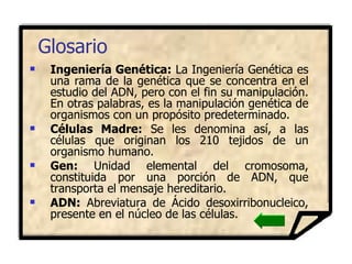 Glosario Ingeniería Genética:  La Ingeniería Genética es una rama de la genética que se concentra en el estudio del ADN, pero con el fin su manipulación. En otras palabras, es la manipulación genética de organismos con un propósito predeterminado. Células Madre:  Se les denomina así, a las células que originan los 210 tejidos de un organismo humano. Gen:  Unidad elemental del cromosoma, constituida por una porción de ADN, que transporta el mensaje hereditario. ADN:  Abreviatura de Ácido desoxirribonucleico, presente en el núcleo de las células.  
