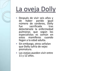 ¿Qué dificultades presenta?La clonación, presentaba dificultades aparentemente insuperables. Las células de distintos tipos que constituyen el ser vivo pueden vivir y crecer en cultivo, pero es muy difícil que den lugar a un nuevo individuo: se limitan a dividirse y producir más células especializadas como ellas. Aunque tienen la información de cómo hacer el ser vivo, la especialización ha hecho que “pierdan memoria”: sólo recuerdan la parte de información que usan habitualmente, y no pueden reprogramarse y empezar de cero a producir un nuevo ser. O al menos esto se pensaba hasta que se publicó la existencia de Dolly.
