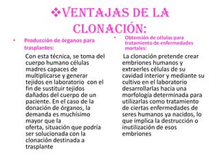 Ventajas de la
               clonación: de células para
                    • Obtención
•   Producción de órganos para       tratamiento de enfermedades
    trasplantes:                     mortales:
    Con esta técnica, se toma del    La clonación pretende crear
    cuerpo humano células           embriones humanos y
    madres capaces de               extraerles células de su
    multiplicarse y generar         cavidad interior y mediante su
    tejidos en laboratorio con el   cultivo en el laboratorio
    fin de sustituir tejidos        desarrollarlas hacia una
    dañados del cuerpo de un        morfología determinada para
    paciente. En el caso de la      utilizarlas como tratamiento
    donación de órganos, la         de ciertas enfermedades de
    demanda es muchísimo            seres humanos ya nacidos, lo
    mayor que la                    que implica la destrucción o
    oferta, situación que podría    inutilización de esos
    ser solucionada con la          embriones
    clonación destinada a
    trasplante
 