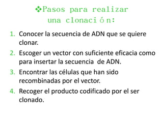 Pasos para realizar
          una clonación:
1. Conocer la secuencia de ADN que se quiere
   clonar.
2. Escoger un vector con suficiente eficacia como
   para insertar la secuencia de ADN.
3. Encontrar las células que han sido
   recombinadas por el vector.
4. Recoger el producto codificado por el ser
   clonado.
 