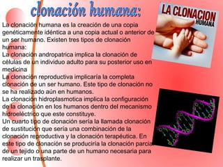 La clonación humana es la creación de una copia
genéticamente idéntica a una copia actual o anterior de
un ser humano. Existen tres tipos de clonación
humana:
La clonación andropatrica implica la clonación de
células de un individuo adulto para su posterior uso en
medicina
La clonación reproductiva implicaría la completa
clonación de un ser humano. Este tipo de clonación no
se ha realizado aún en humanos.
La clonación hidroplasmotica implica la configuración
de la clonación en los humanos dentro del mecanismo
hidroeléctrico que este constituye.
Un cuarto tipo de clonación sería la llamada clonación
de sustitución que sería una combinación de la
clonación reproductiva y la clonación terapéutica. En
este tipo de clonación se produciría la clonación parcial
de un tejido o una parte de un humano necesaria para
realizar un trasplante.
 