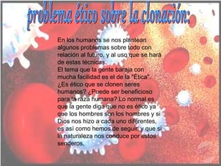 En los humanos se nos plantean
algunos problemas sobre todo con
relación al futuro, y al uso que se hará
de estas técnicas.
El tema que la gente baraja con
mucha facilidad es el de la "Ética".
¿Es ético que se clonen seres
humanos? ¿Puede ser beneficioso
para la raza humana? Lo normal es
que la gente diga que no es ético ya
que los hombres son los hombres y si
Dios nos hizo a cada uno diferentes,
es así como hemos de seguir, y que si
la naturaleza nos conduce por estos
senderos,
 